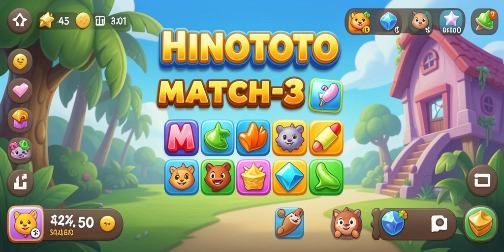 Tampilan gameplay HINOTOTO dengan aksi mencocokkan objek Match-3.