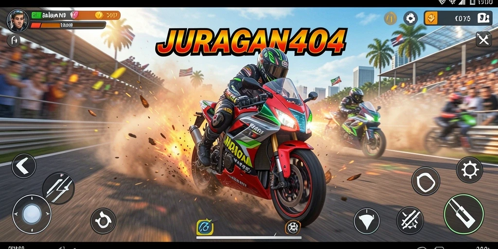 Tampilan gameplay seru JURAGAN404 dalam balapan motor.