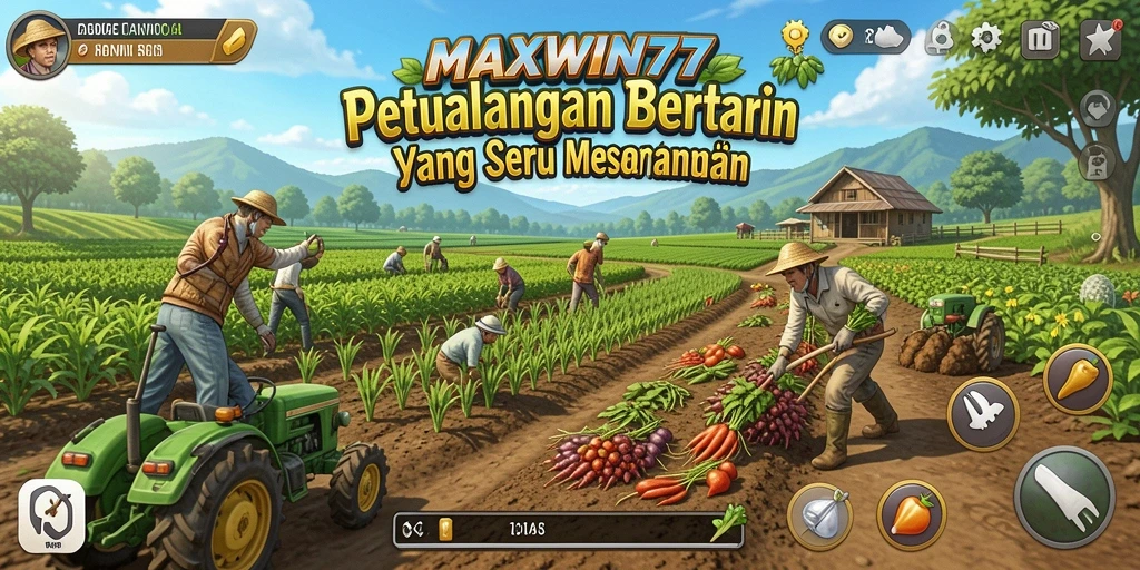 Tampilan gameplay MAXWIN77 yang menawan dan penuh warna saat bertani.